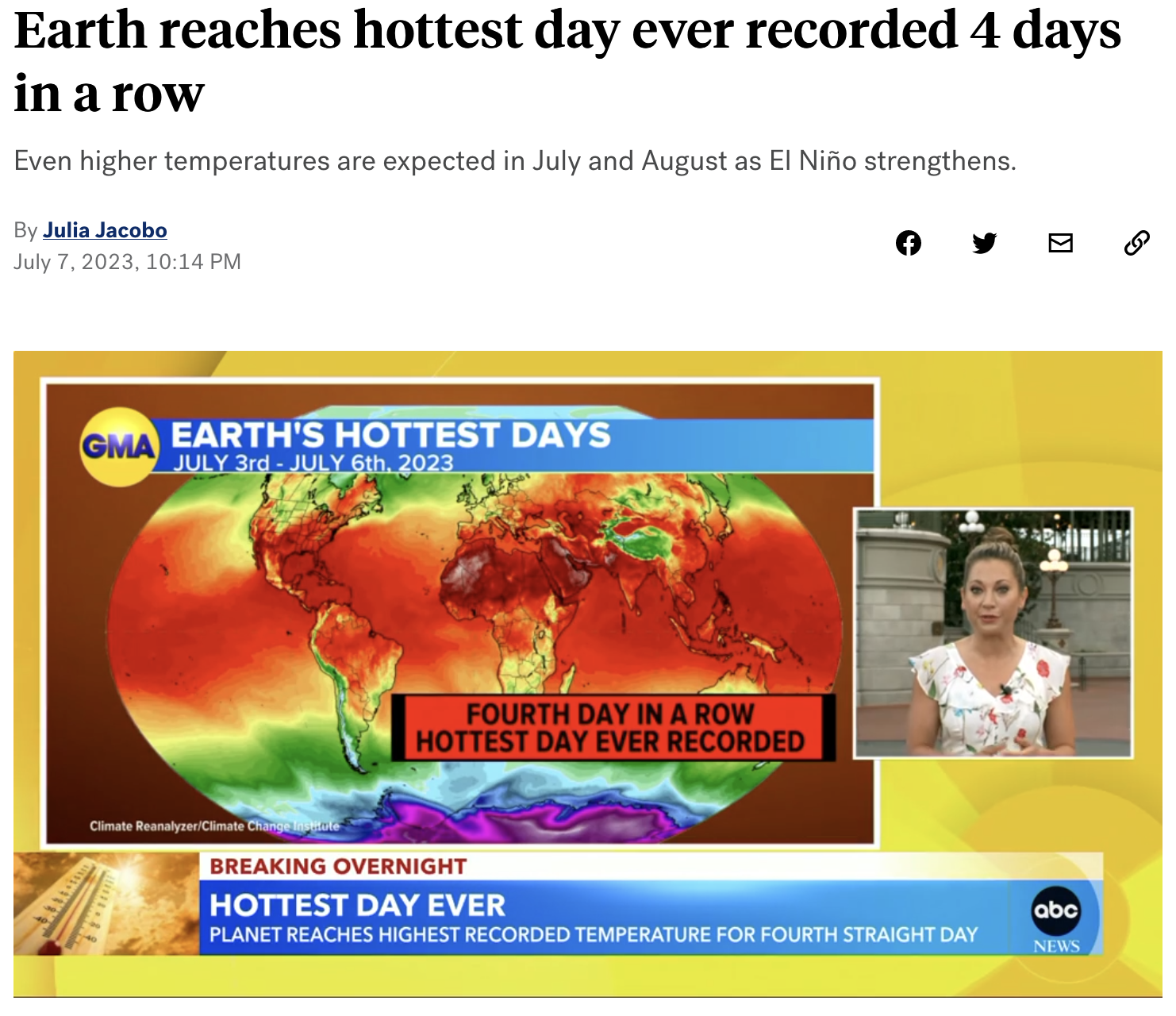 News story about heat record in July 2023