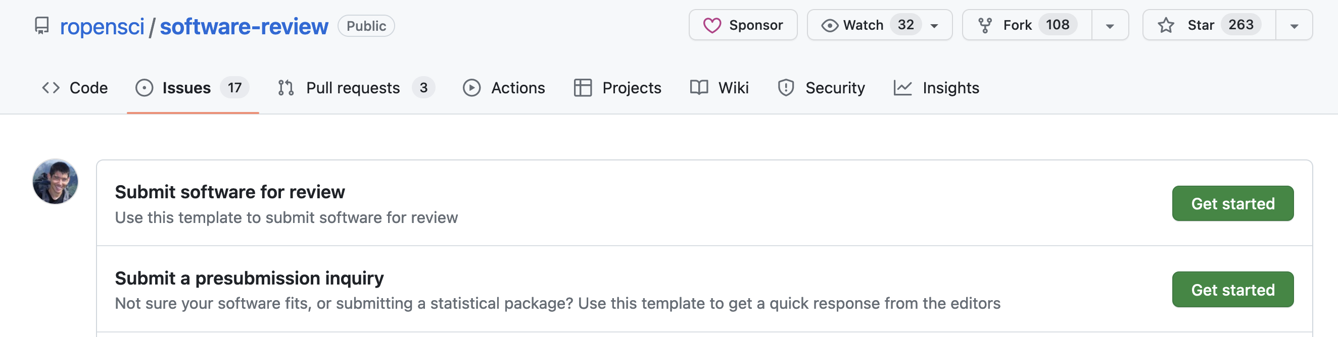 screenshot of ropensci issues menu