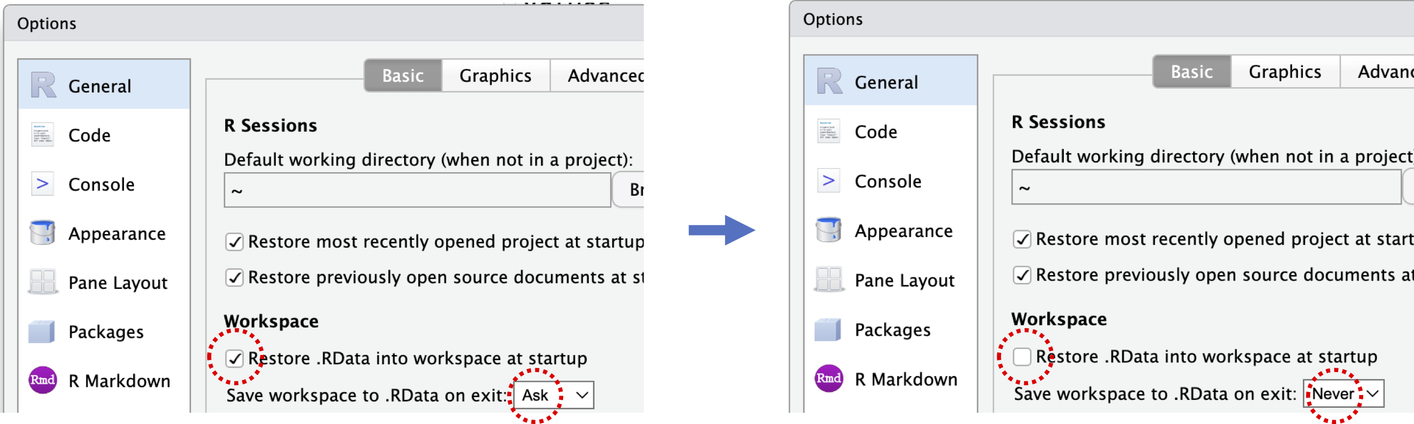 Screenshot showing how to change Rstudio settings for .RData