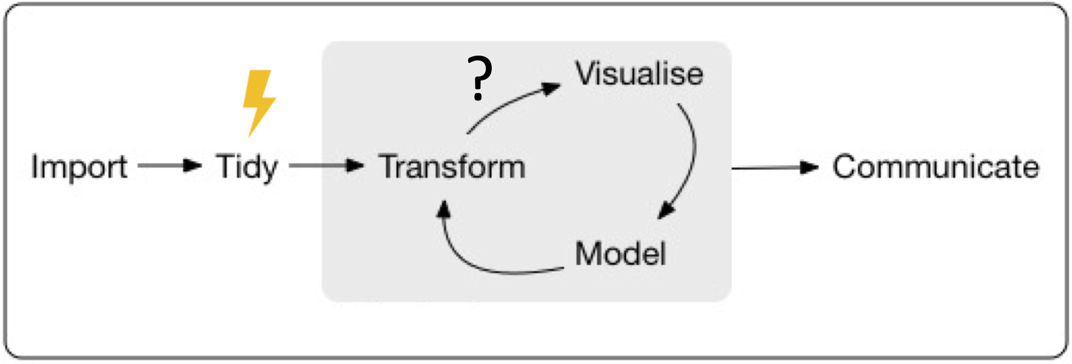 Hadley Wickham's data analysis workflow chart with icon showing part of it changed